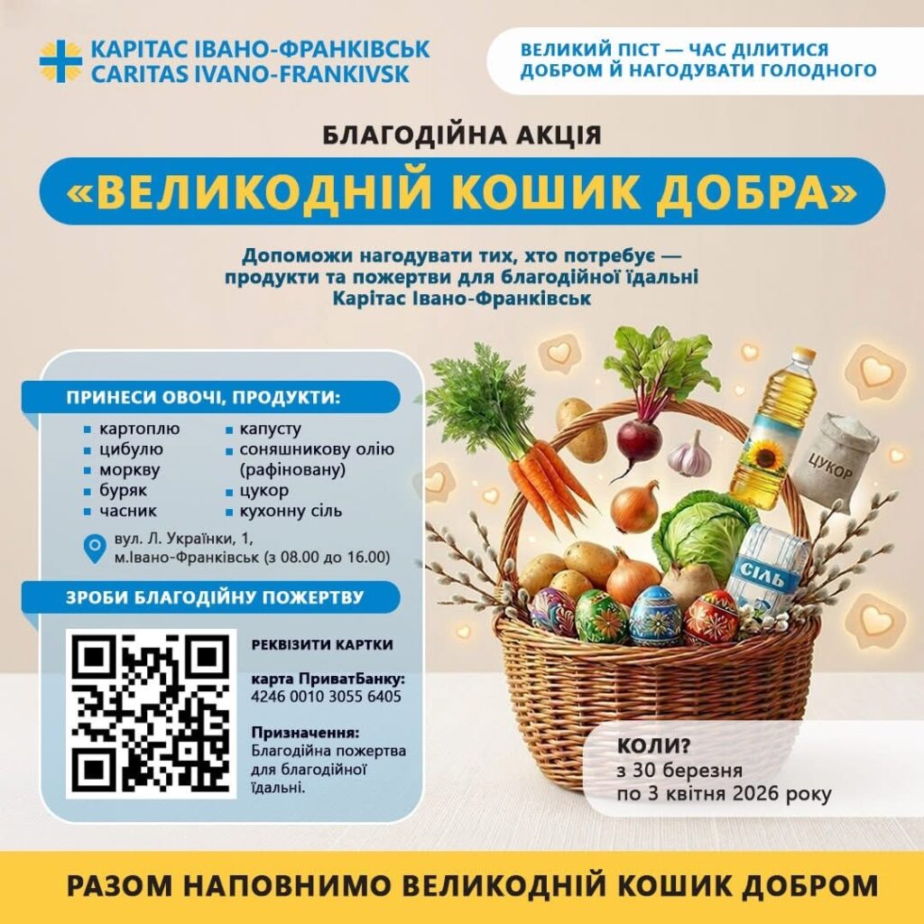 В Івано‑Франківську триває акція «Великодній кошик добра»: збір продуктів і пожертв